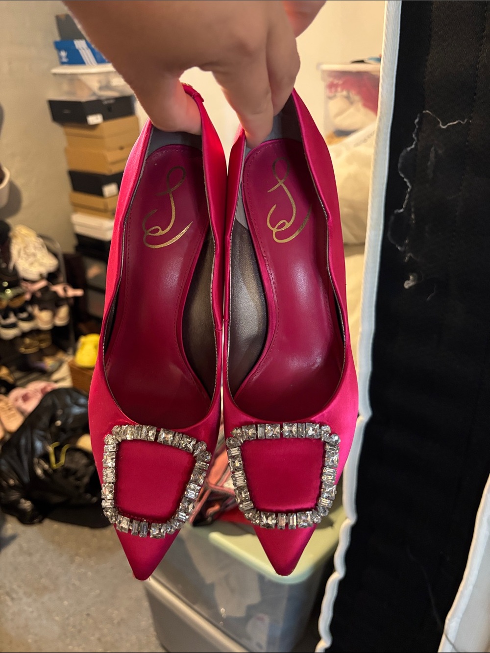 Sam Edelman Fuchsia Satin Pointed Toe Heels with Crystal Buckle